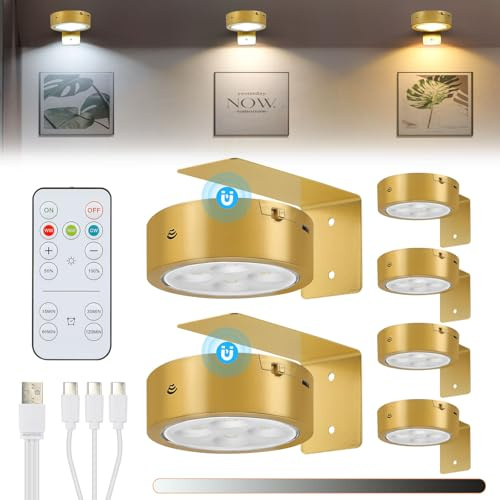 Luci Per Quadri Ricaricabile, 6 Pezzi luce con telecomando senza fili, 3 Temperatura Colore Con Dimmerabile E Timer Magnetic Painting Light per Vetrina Illuminazione Arte(Oro)