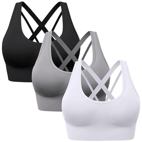 HBselect 3 Pack Comfort Strappy Sports Bras for Women UK with Removable Pads, Wireless Seamless Plus Size Sleep Bras for Girls in Yoga Bralette Running Leisure Crop Gym Stretch Tops Vest