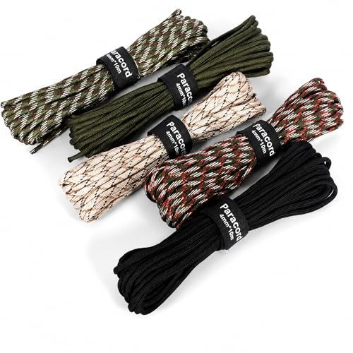 SaiXuan 50M Cuerda Paracord 4mm, 5 Piezas 33ft Cuerda Paracord,Carga Máximade 250kg, 7 Core Strands, Paracord en Nylon, para Supervivencia, Camping, Senderismo, DIY Pulsera Paracord, 5 Colores, 165ft