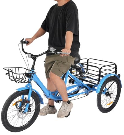 OUKANING Tricycle pliable pour adultes de 1,55 à 1,75 m, en acier au carbone, 7 vitesses, tricycle de 20 pouces, réglable, unisexe, cadeau (bleu)