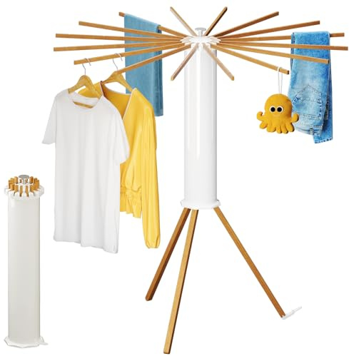 SKIKEN Cylinder Tripod Clothes Drying Rack - 16 Expandable Rods | Standing Octopus Drying Rack Clothing | Space Saving Master | Collapsible Compact for Laundry Room Household & Indoor | Solid Wood