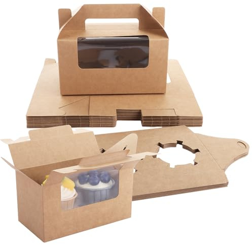 WOPPLXY 75 PCS Cupcake Boxes, Kraft 2 Hole Cupcake Boxes Carrier with Handle and Window, Cardboard Cup Cake Packing Box Bakery Pastry Boxes for Carrying Muffins, Cakes
