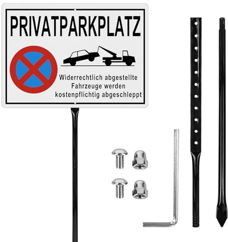 Privatparkplatz Schild mit 90cm Pfosten, 35 * 25cm Parken Verboten Schild mit Montagezubehör, Aluminium Reflektierend, mit Bohrlöcher, für Private Parkplätze