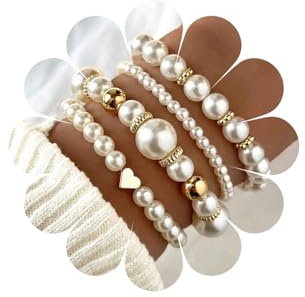 Inateannal Braccialetto Di Perle Impilabile Elastico Set Bianco Perline Braccialetti Impilabili Perla Cuore Palla Catena A Mano Multistrato Braccialetto Matrimonio Gioielli
