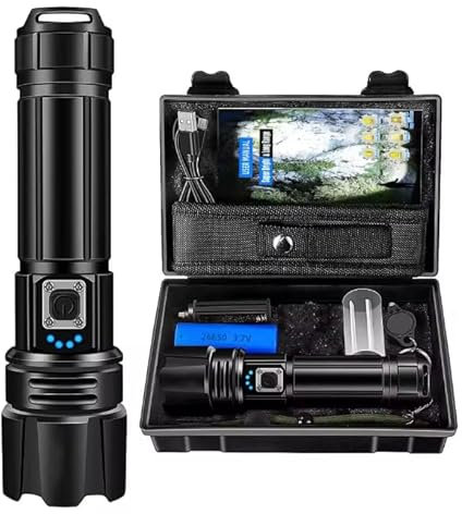 Kit premium Linterna Táctica LED Alta Potencia 990000lumenes – Recargable con Zoom y 5 Modos de Luz – Incluye Estuche, Cargador y Batería – Ideal para Camping, Emergencias + regalo linterna pequeña