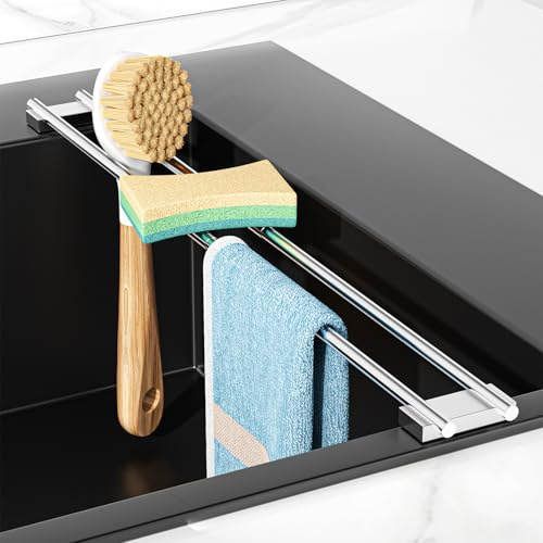 XILIMEN Dish Cloth Holder for Kitchen Sink, Adjustable Over-The-Sink Dish Rag Rack, Metal Kitchen Racks Sink Brush Holder, Drying Rack for Dishcloths, Sponges, Brushes, and Bottles (Sliver)