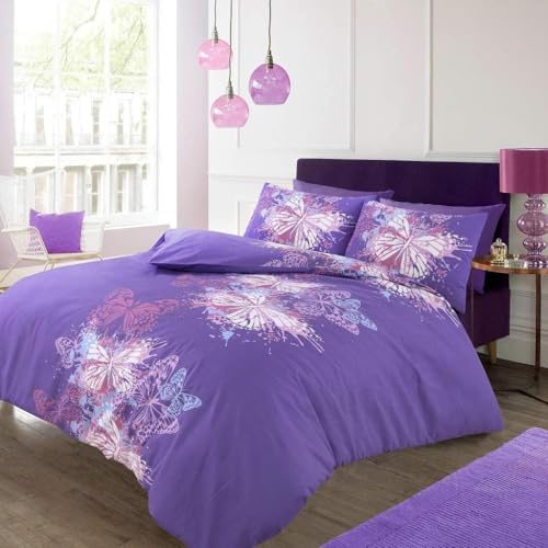 Bella Nights Elegant Reversible Butterfly Print Bedding Set with Pillowcases –Polycotton Duvet Cover Set – Lightweight, Breathable & Fade-Resistant Duvet Cover (Lilac, Double)