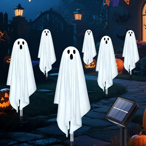 Ninonly Solar Halloween Light Ghost Decoration, 6 Pack Cool White Scary Ghost Stakes Lights, Realistic Spooky Ghosts Decor, Solar Halloween Lights for Garden Party Outdoor Grave