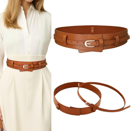 Aupuls 2 In 1 Abnehmbar Schmaler Ledergürtel, Korsett Verstellbarer Breiter Gürtel, Brauner Skinny Taillengürtel Damen, Für Kleid Hose Jeans Frauen B015 Brown S
