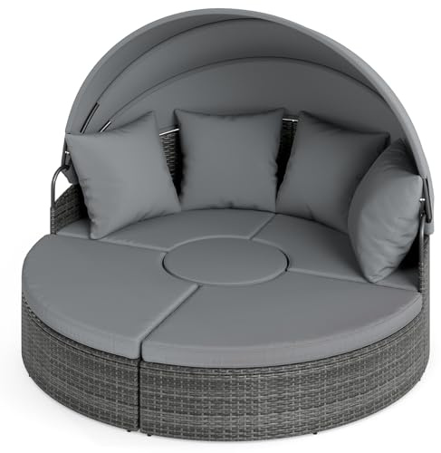 GYMAX Garden Sonneninsel, Sonnenliege mit faltbarem Sonnendach & abnehmbaren Kissen, Gartenliege wetterfest, Lounge Gartenmuschel Rattanmöbel für Garten, Terrasse, Balkon (Grau)
