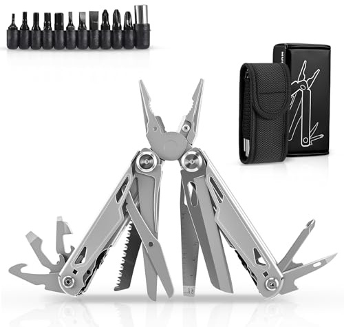 Pince Multifonction 28-en-1 avec 11 Embouts - Outil Multifonction Pliant pour Camping, Randonnée & Réparations - En Acier Trempé avec Verrou de Sécurité & Étui Ceinture
