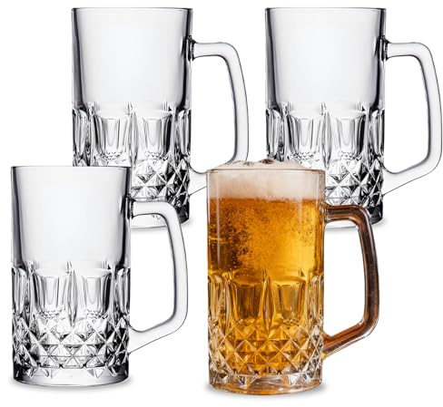SUNOYA Lot de 4 Chopes à Bière en Verre de 0.5L avec Anse, Verres à Bière, Chope à Bière, Grande Chope pour Fêtes, Bars, Restaurants, Fêtes de Bière
