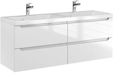 Furni Waschtischunterschrank ETH 120 cm mit Doppelwaschbecken – Weiß Hochglanz – Hängender Badschrank Mineralguss-Waschtisch (Duo) – Frezgriffe – Vormontiert