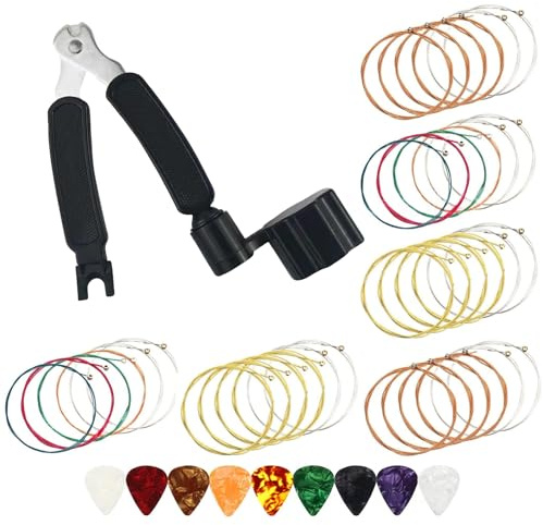3 in 1 Saitenkurbel, Gitarrensaitenspule, Enthält 6 Gitarrensaiten und 9 Plektrum, Saitenwechsler, Saitenschneider, Gitarrenreparatur Werkzeugset, Geeignet für E Gitarren und Ukulelen