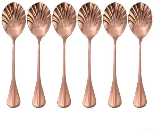 Elegante cuchara de postre de acero inoxidable con mango largo con diseño de concha, paquete de 6 para uso doméstico y restaurante (oro rosa)