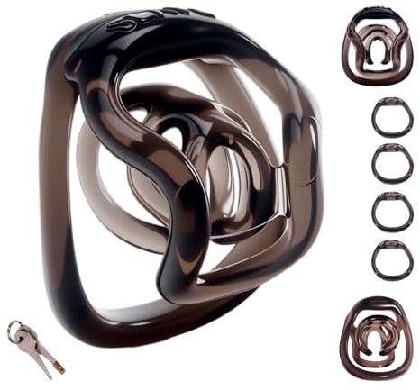 Cage de Chasteté Inversée pour Pénis avec Cadenas et 4 Anneaux en Résine Légère et Respirante Chastity Cage pour Homme Utilisation Discrète et Fixation Sécurisée Sex Toys (Black)