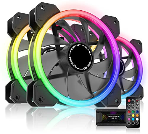 EZDIY-FAB RGB Dual Ring 120mm Case Fans,5V Motherboard Sync,Speed Adjustable,RGB Sync Fan with Fan Hub X and Remote-3 Pack