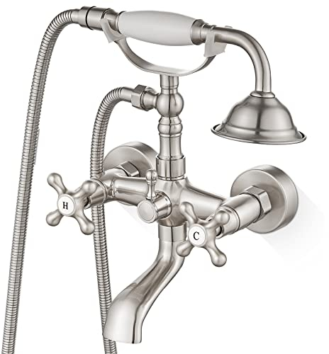 Airuida Badewannenarmatur aus gebürstetem Nickel mit Handbrause, Badewanne, Wasserhahn, Doppelkreuzgriffe, Mischbatterie für heißes und kaltes Wasser, Vintage-Stil, Badezimmerarmatur