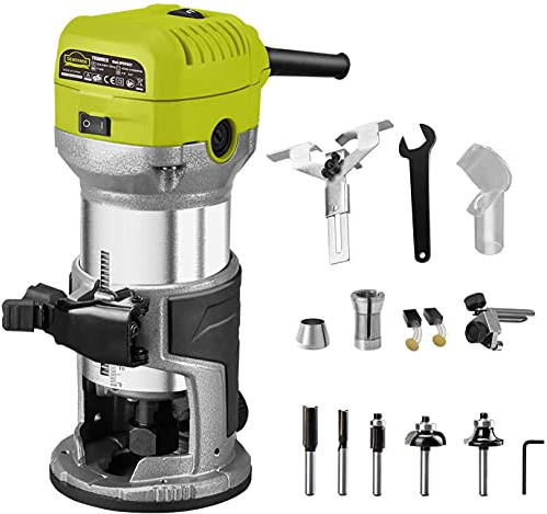 Electric Hand Palm Router, DEWINNER Trimmer Laminate Wood Working Joiners Tool, Compact Router with Trimmer Base, 3 Guide,2 Collets 1/4(6.35mm) and 3/8
