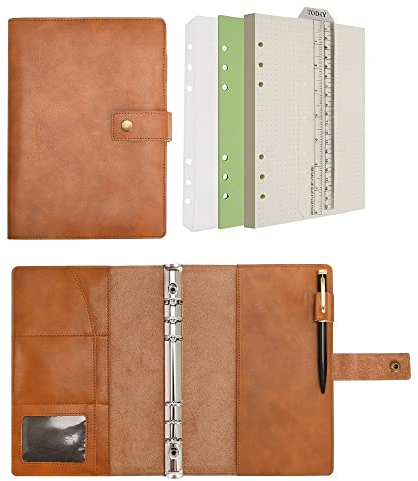 Wonderpool Leder Nachfüllbares Notizbuch Ringbuch A5 Tagebuch - Gepunktetes Papier & Echtleder Innentaschen für Reisearbeit und Organizer (Braun, A5)