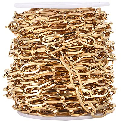 Cheriswelry Goldene Büroklammer-Kette, 10 Meter, 304 Edelstahl, gelötet, flach, oval, rechteckig, 13 x 6 mm, für die Herstellung von Schmuck und Armbändern