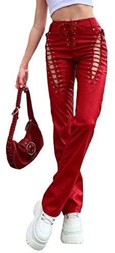 xxxiticat Women's Lace Up PU Leather Pants Chic High Waist Hollow Out Drawstring Bandage Cut Out Faux Leather Trousers(RE,M) Red