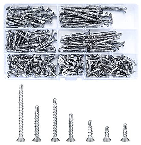 200 Pcs Self Drilling Cross Flat Head Screws, Stainless Steel Self Tapping Wood Screws, Countersunk Roofing Screw for Metal Sheets - M4.2 * 13mm/16mm/19mm/25mm/32mm/38mm/50mm (silvery)