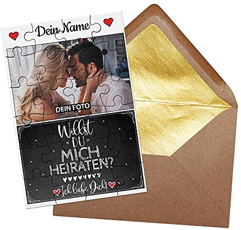 Foto-Puzzle - Willst du Mich heiraten? - inkl. Briefumschlag mit Gold-Inlay - Geschenk für Paare, Liebe, Valentinstag - mit EINEM Bild + Name Personalisieren Lassen - 24 Teile