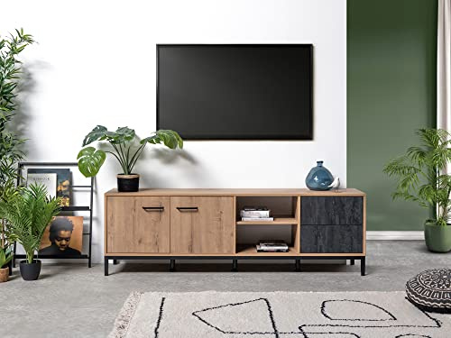 MUEBLES PITARCH | Mueble TV con Patas, 2 Puertas, Estante, 2 Cajones, Mueble de Televisión Industrial, Negro y Roble Gold, 55x180x40cm, Módulo de Salón, Moderno, Modelo París
