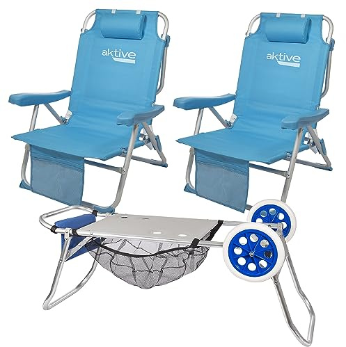 AKTIVE Pack 2 Sillas plegables tipo mochila mas Carro de playa plegable convertible en mesa