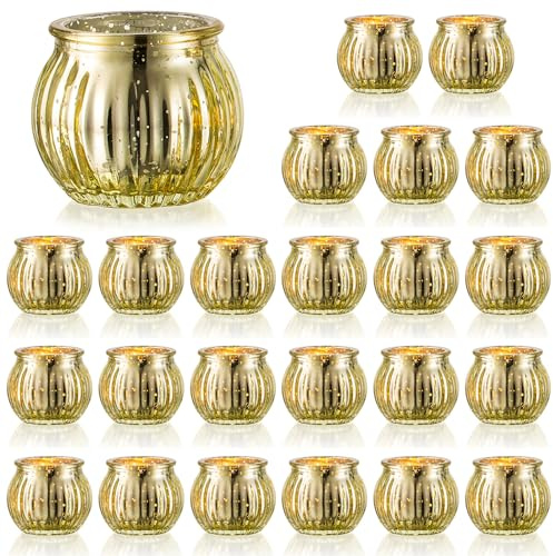 NUPTIO Glasvärmeljushållare Guld - 24 stycken Små Pumpa Jul Mercury Värmeljushållare Set Ribbade Votivljus Bröllopsfest Vardagsrum Bord Centerpieces Halloween Ornament
