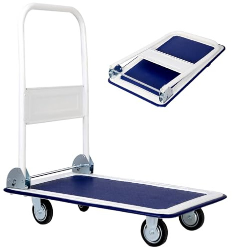 TANGZON Folding Push Cart Dolly, Rolling Flatbed Luggage Cart with 360° Swivel Wheels, Garage Warehouse Moving Platform Hand Push Truck(Blue, 73 x 48 x 83cm, 150KG Capacity)