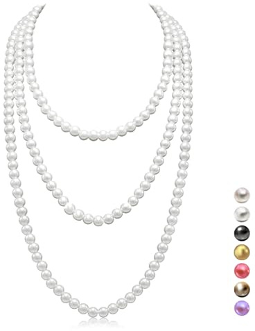 Genkigold långt pärlhalsband för kvinnor 1920-tal – Paris – lyxiga 8 mm pärlhalsband med tidlös elegans – naturliga odlade pärlor – längd 150 cm/180 cm – passar för alla speciella tillfällen, 150cm