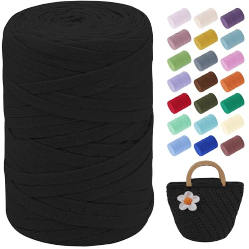 LEREATI T-Shirt Garn 7mm Zum Häkeln für Körbe 100m / 250g Bändchengarn Makramee Häkelgarn Stoff Dickes Textilgarn für Taschen Korb Decke, Heimdekoration (Schwarz)