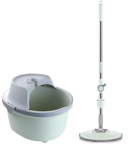 Juego de Cubo y Fregona Giratoria, Juego de Fregona y Cubo para Suelo Plano con Escurridor con 2 Almohadillas de Microfibra Lavables y Reutilizables, Trapeador Seco y Húmedo