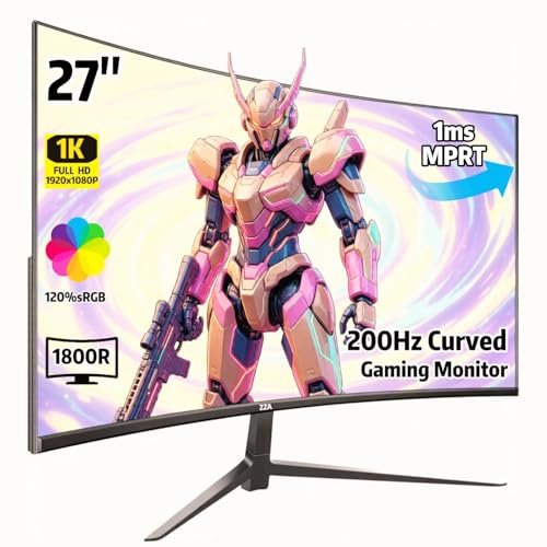 ZZA 27 Inch Curved Gaming Monitor 200Hz, Full HD 1080P VA Panel Computer Monitor, 1ms Response Time, FreeSync, HDMI & DP Port, HDR, Frameless, VESA Mountable