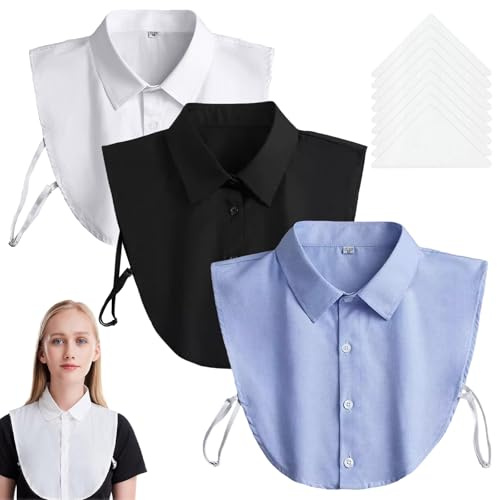 Kighdel 3 Pcs of Fake Collar,Collars for Women White Collar Detachable Shirt Collar Inserts Women Cotton Fake Shirt Collar Suitable for Sweaters Collarless Clothes (Blue Black White)