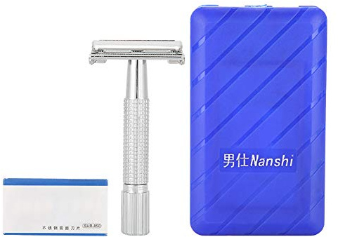 Rasoir de Rasoir Masculin à Double Bord Manuel Classique avec Poignée en Alliage en Zinc et étui de Transport Cuir, à Barbe Droit avec Miroir intégré pour le Toilettage