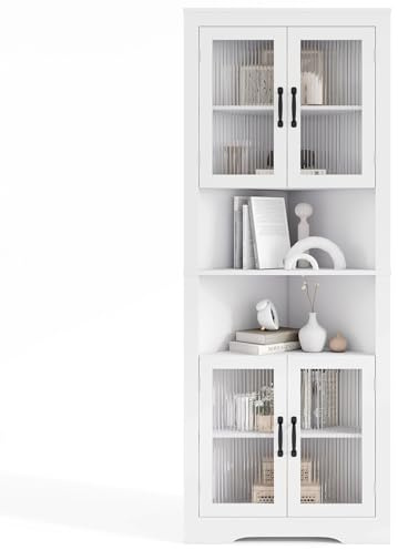 COSTWAY Armoire d'angle 171 cm, Buffet Triangulaire Gain de Place avec 4 Portes en Verre Trempé, Étagères Réglables, Meuble Colonne pour Cuisine, Salle de Bain, Salle à Manger, Salon (Blanc)