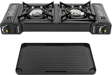 Réchaud à gaz 2 en 1 avec bac à barbecue, 2 brûleurs, réchaud de camping, barbecue de table avec mallette portable, pour l'extérieur et l'intérieur, réchaud à gaz de camping avec allumage