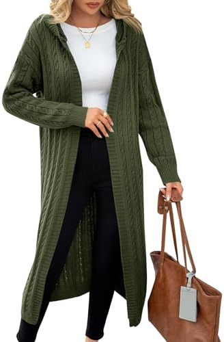 Fisoew Cardigan da donna lungo con cappuccio, cardigan a maniche lunghe, oversize, giacca aperta sul davanti., verde militare, L