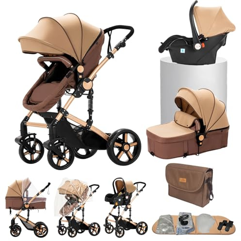 Carrito bebe 3 en 1, Capazo, Cochecito Deportivo y Silla de Coche, para Bebés de 0 a 36 Meses (Caqui)