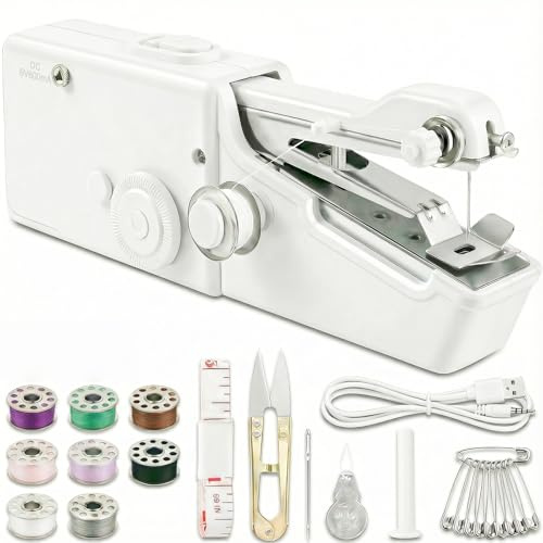 Mini Nähmaschine Elektrisch für Kinder & Anfänger, Tragbare Handnähmaschine mit Doppelstich für Leichte Stoffe - Komplettes Nähset inkl. Zubehör für DIY Nähen zu Hause für Kleidung,Stoffe(Weiß)