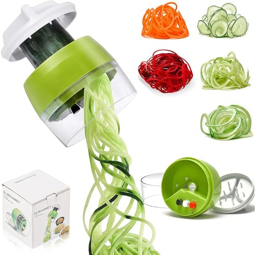 Cortador de Verdura, 4 en 1 Rallador de Verduras Calabacin Pasta Espiralizador Vegetal Veggetti Slicer Pepino, Espaguetis de Calabacin, Cortador Espiral Manual, Útiles de cocina prácticos