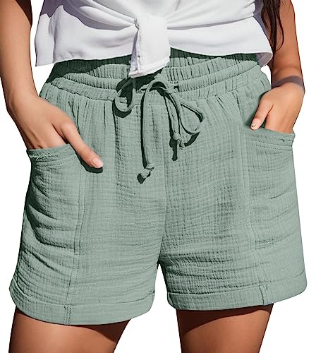 Womens Summer Bermuda Shorts Casual Cotton Muslin Linen Beach Shorts with Pockets Plain Lightweight Elastic High Waist Drawstring Straight Leg Holiday Loungewear Bottoms for Ladies