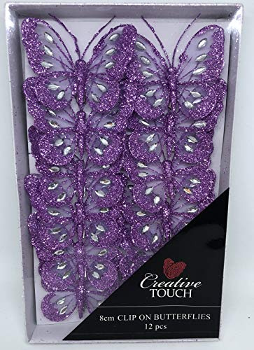 SET OF 12 Clip On Jewelled Glitter Mesh Decorative Butterflies 8cm (Lilac)