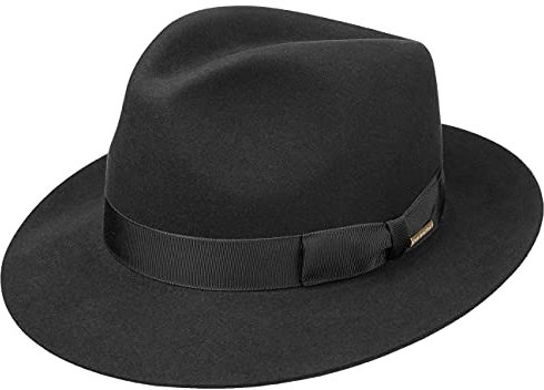 Stetson Sombrero Bogart Penn Mujer/Hombre - Made in The EU de Fieltro Pelo con ala hacia Arriba Forro, Banda Grosgrain Verano/Invierno Primavera Verano Otoño Invierno - 56 cm Negro