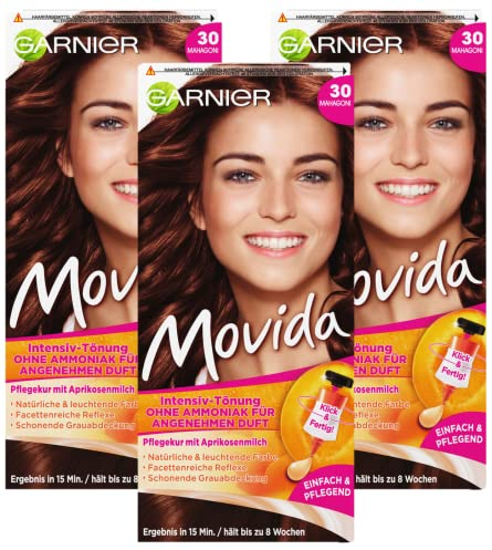 Garnier Tönung Movida Pflege-Creme / Intensiv-Tönung Haarfarbe 30 Mahagoni (für leuchtende Farben, auch für graues Haar, ohne Ammoniak) 3er Pack Haarcoloration-Set