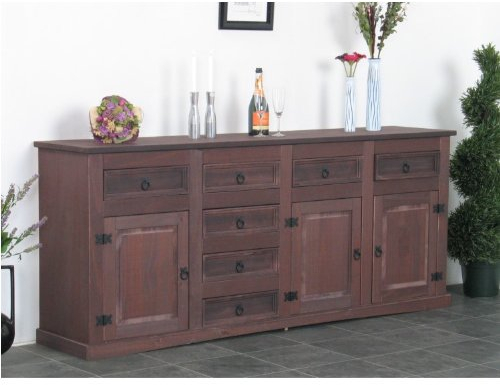 Dynamic24 Hacienda-Look – Sideboard New Mexiko 7+3 Anrichte Buffet Schrank Kommode kolonial – 200x84x44 cm – 7 Schublade(n) – Massive Kiefer – Farbe Dunkelbraun – Hacienda-Stil – wärmender