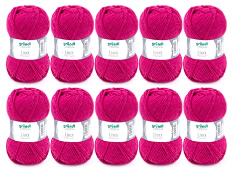 Gründl Wolle Lisa Premium Uni - 10 x 50g - Strickgarn - Häkelgarn - 100% Polyacryl - Superweich & Pflegeleicht - Nadelstärke 3,5-4,5 - Fuchsia